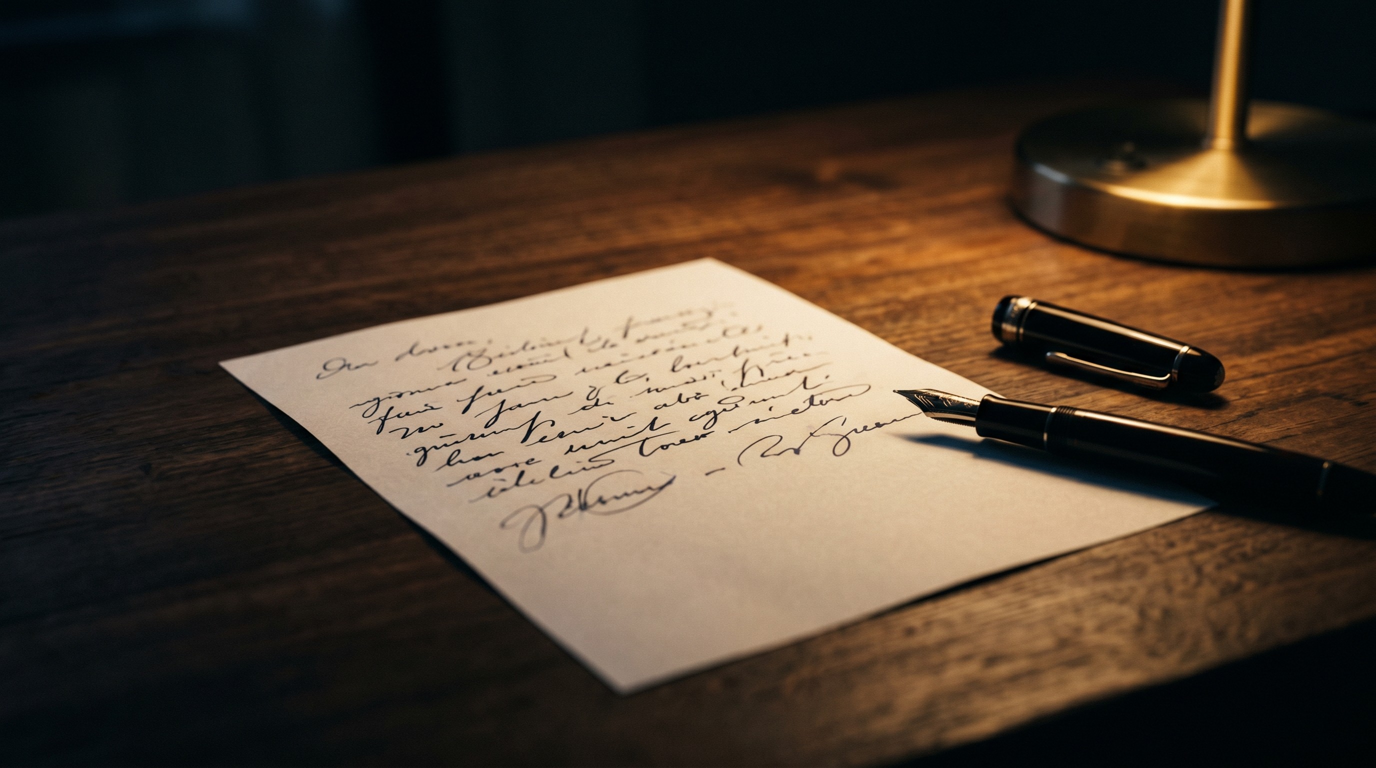 A single hand-written page lit by a warm lamp, ink slightly smudged, with a fountain pen resting beside it in an otherwise dark room.