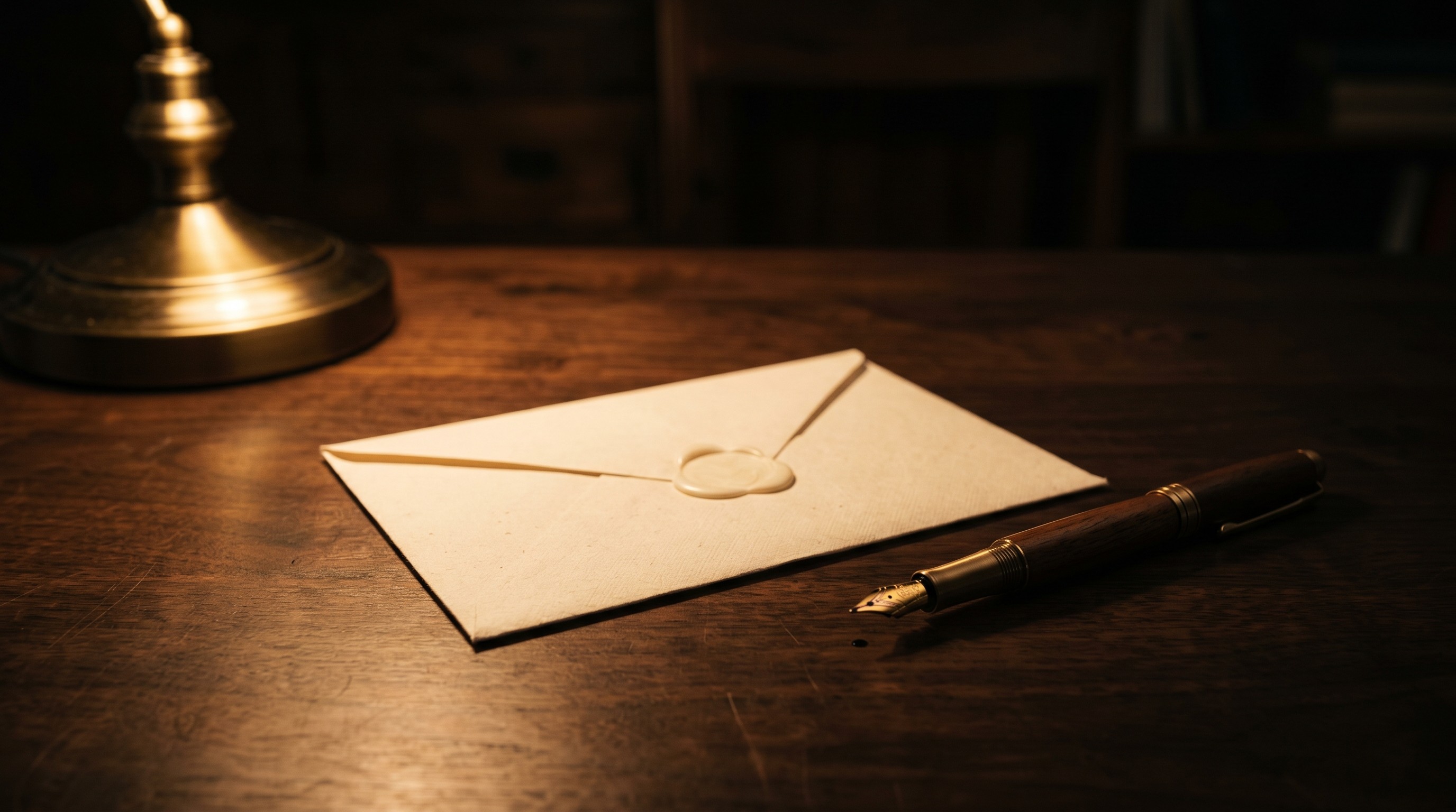 A sealed envelope and a pen resting in warm lamp light on a desk, the rest of the room in soft darkness.