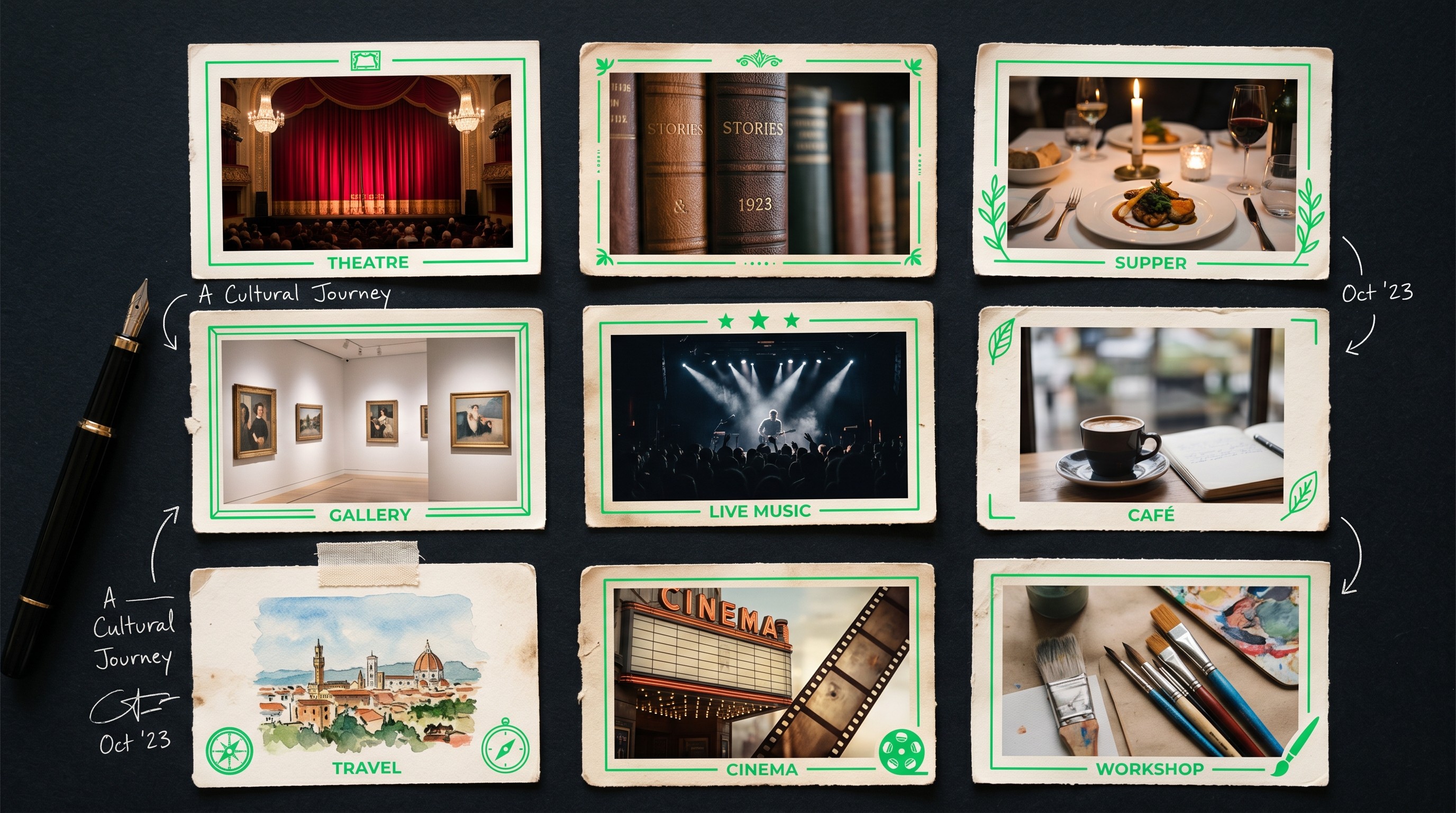 A mosaic grid of cultural experiences — theatre, books, meals, music — arranged in the style of an experience diary