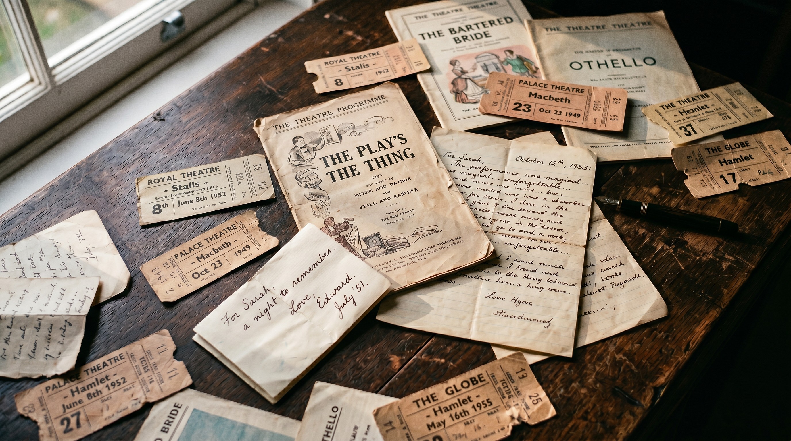 Faded ticket stubs and theatre programmes scattered across a dark wooden surface, half-remembered