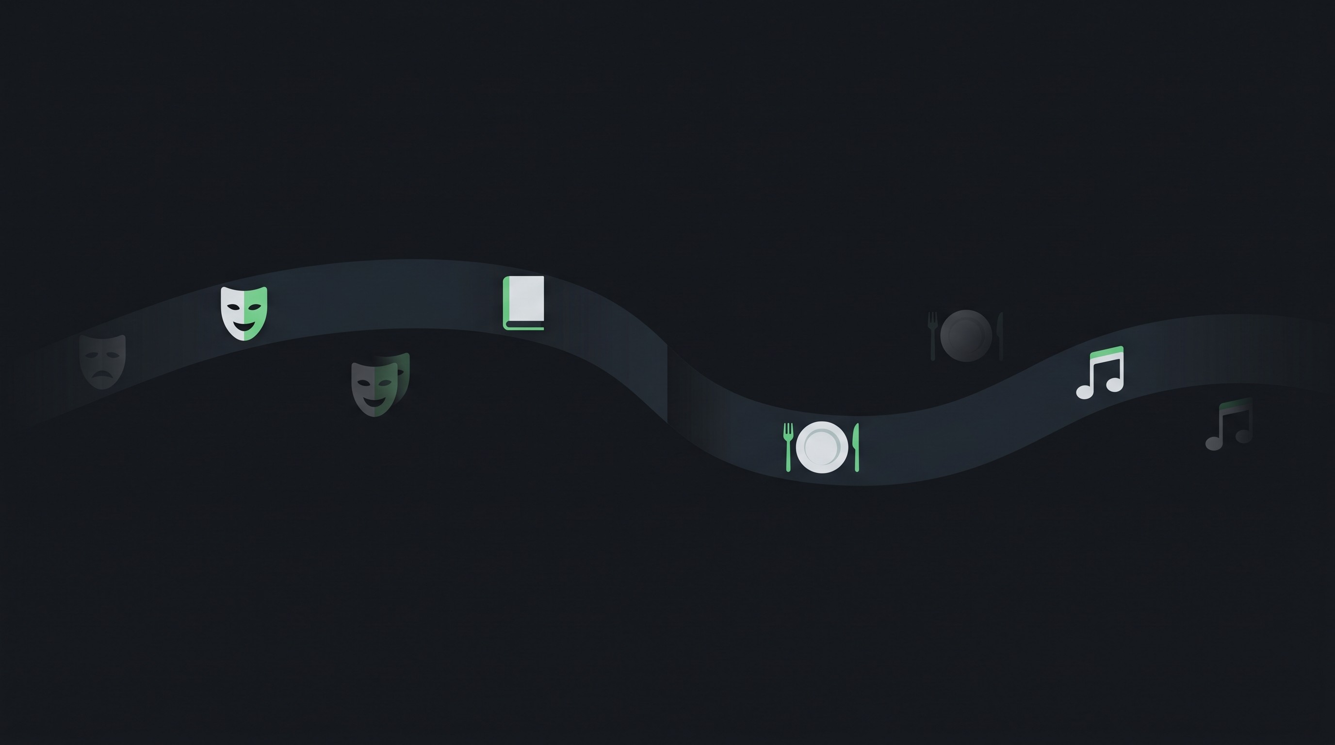 A dark timeline with vivid and faded icons representing remembered and forgotten experiences